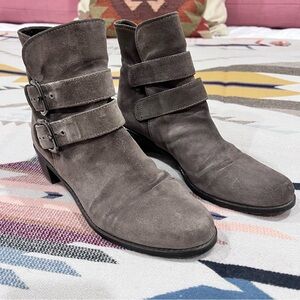 Stuart Weitzman Brown Suede Ankle Buckle Boot Booties Pull Up